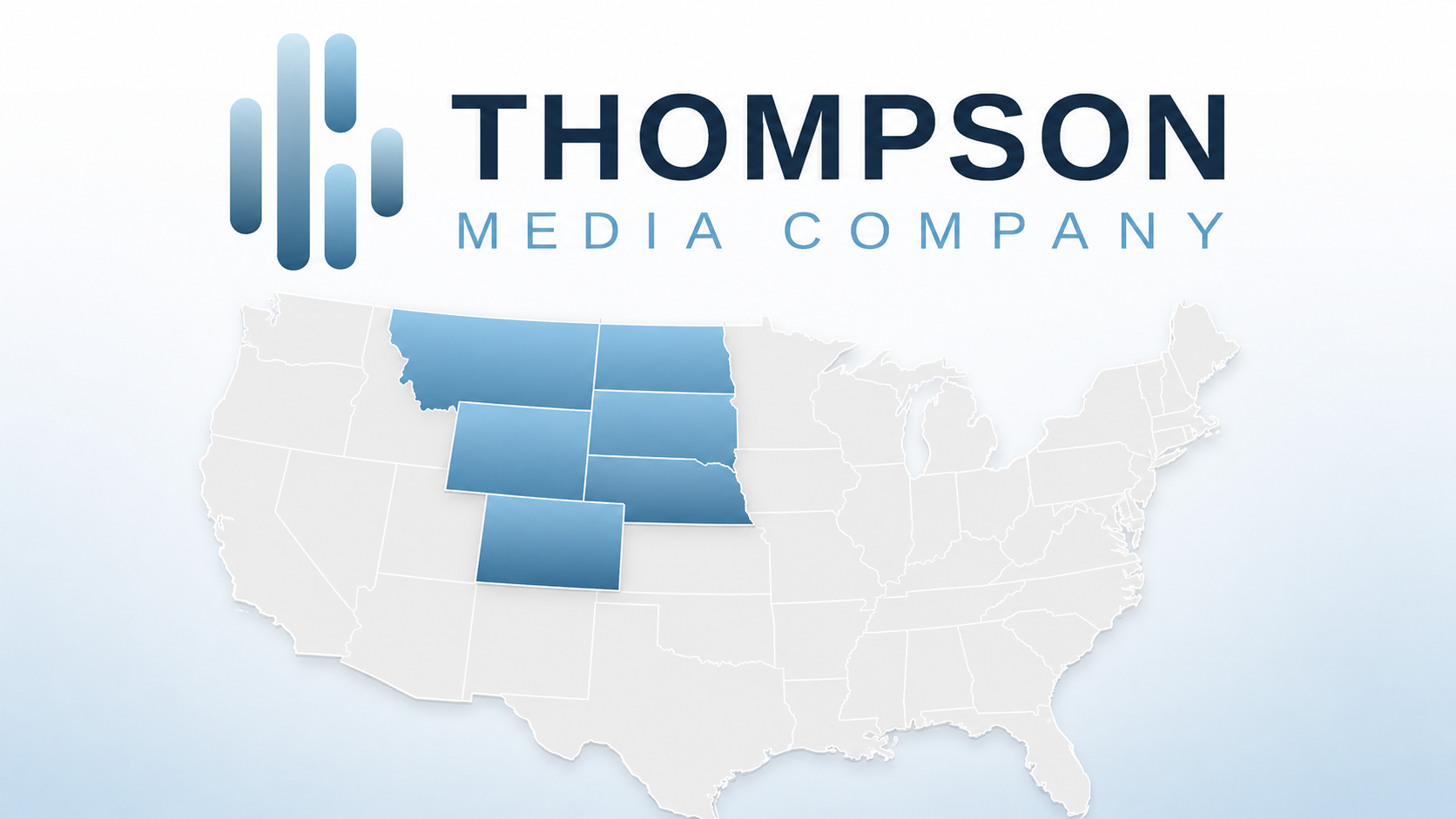 Map of Thompson Media Company service area covering North Dakota, Montana, South Dakota, Wyoming, Colorado, and Nebraska